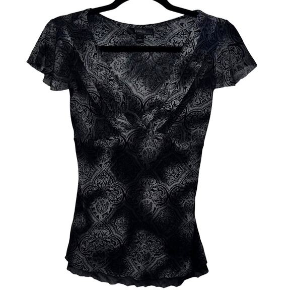 Express Y2K Shirt Womens Small Sheer Mico Mesh Damask Pattern Goth Babydoll Top - Picture 1 of 6